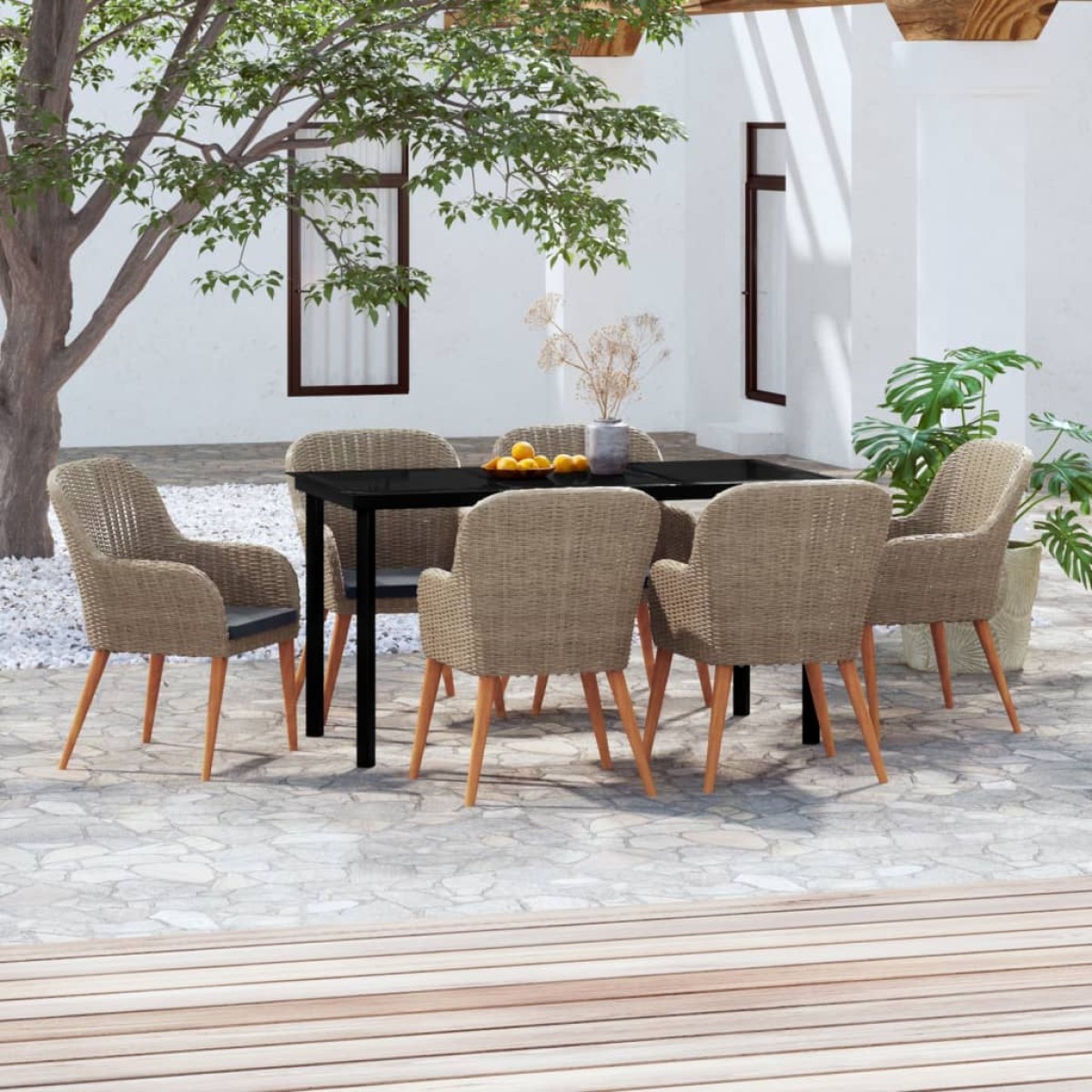vidaXL Σετ Τραπεζαρίας Κήπου 7 Τεμαχίων Καφέ με Μαξιλάρια
