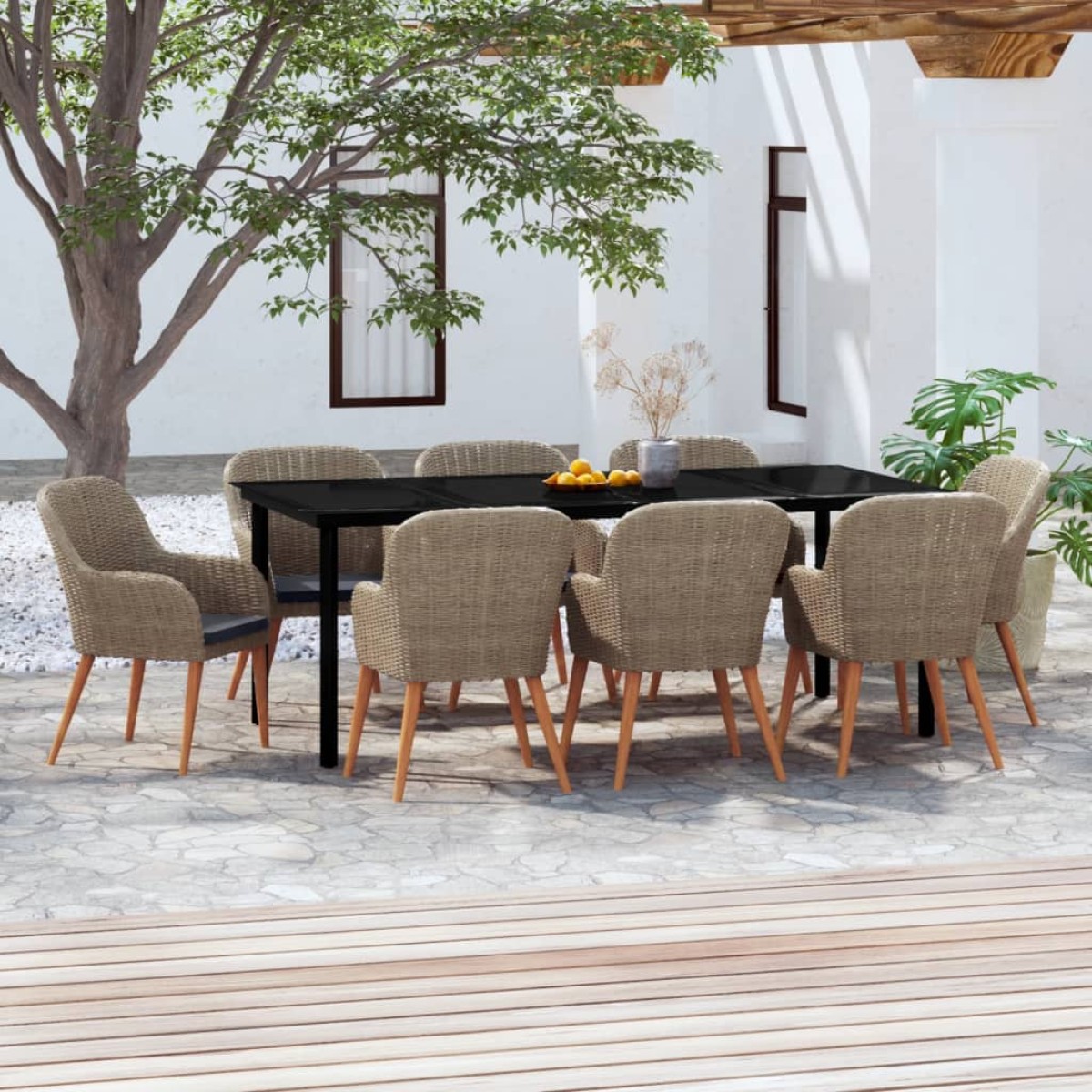 vidaXL Σετ Τραπεζαρίας Κήπου 9 Τεμαχίων Καφέ με Μαξιλάρια