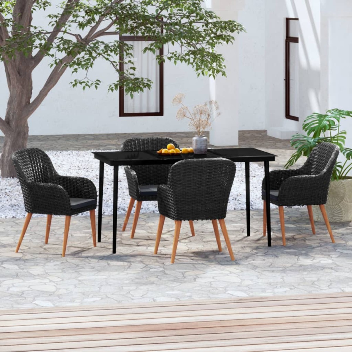 vidaXL Σετ Τραπεζαρίας Κήπου 5 Τεμαχίων Μαύρο με Μαξιλάρια