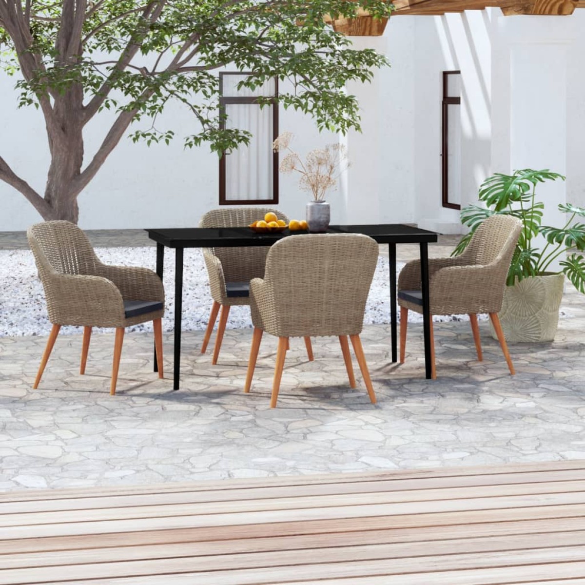 vidaXL Σετ Τραπεζαρίας Κήπου 5 Τεμαχίων Καφέ με Μαξιλάρια