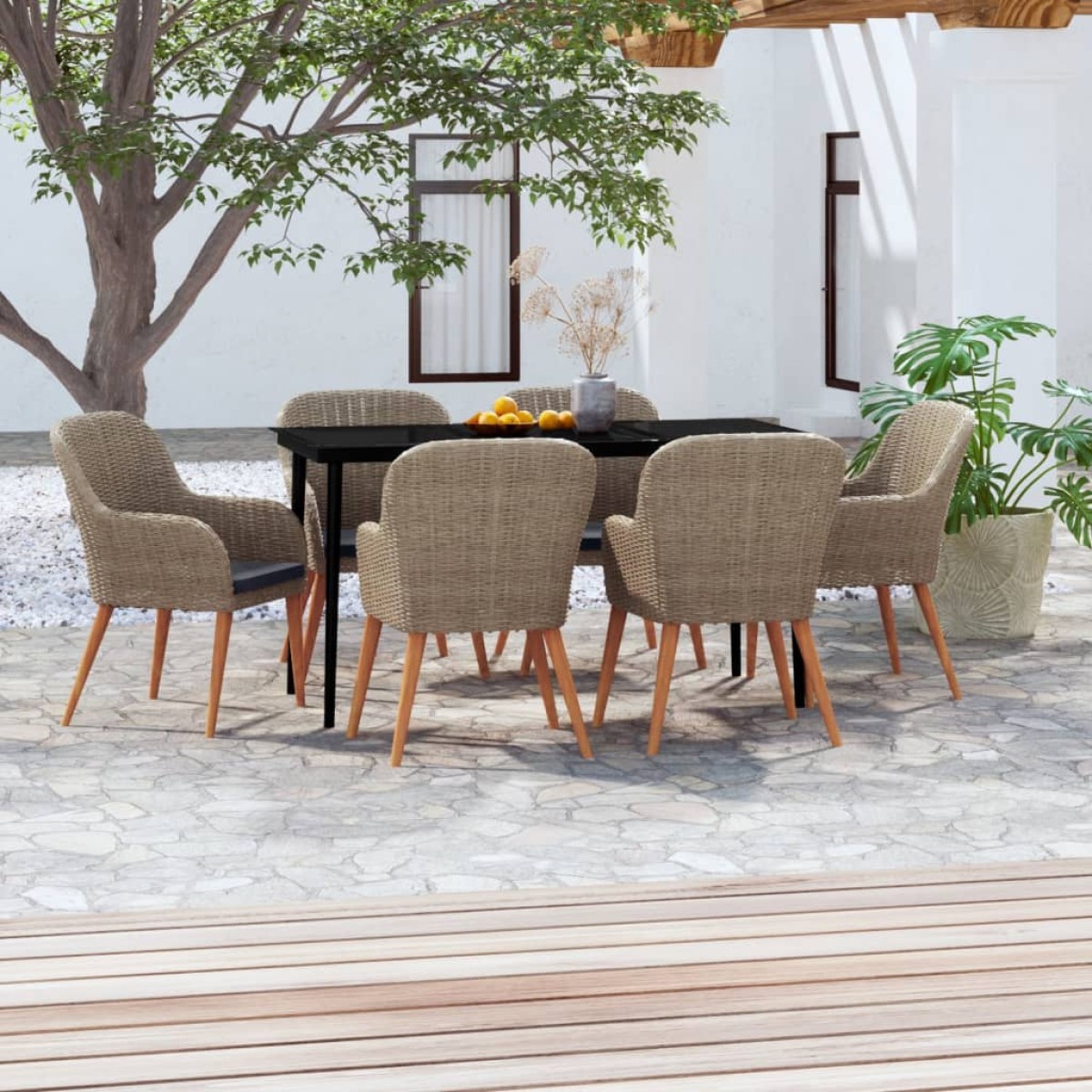 vidaXL Σετ Τραπεζαρίας Κήπου 7 Τεμαχίων Καφέ με Μαξιλάρια