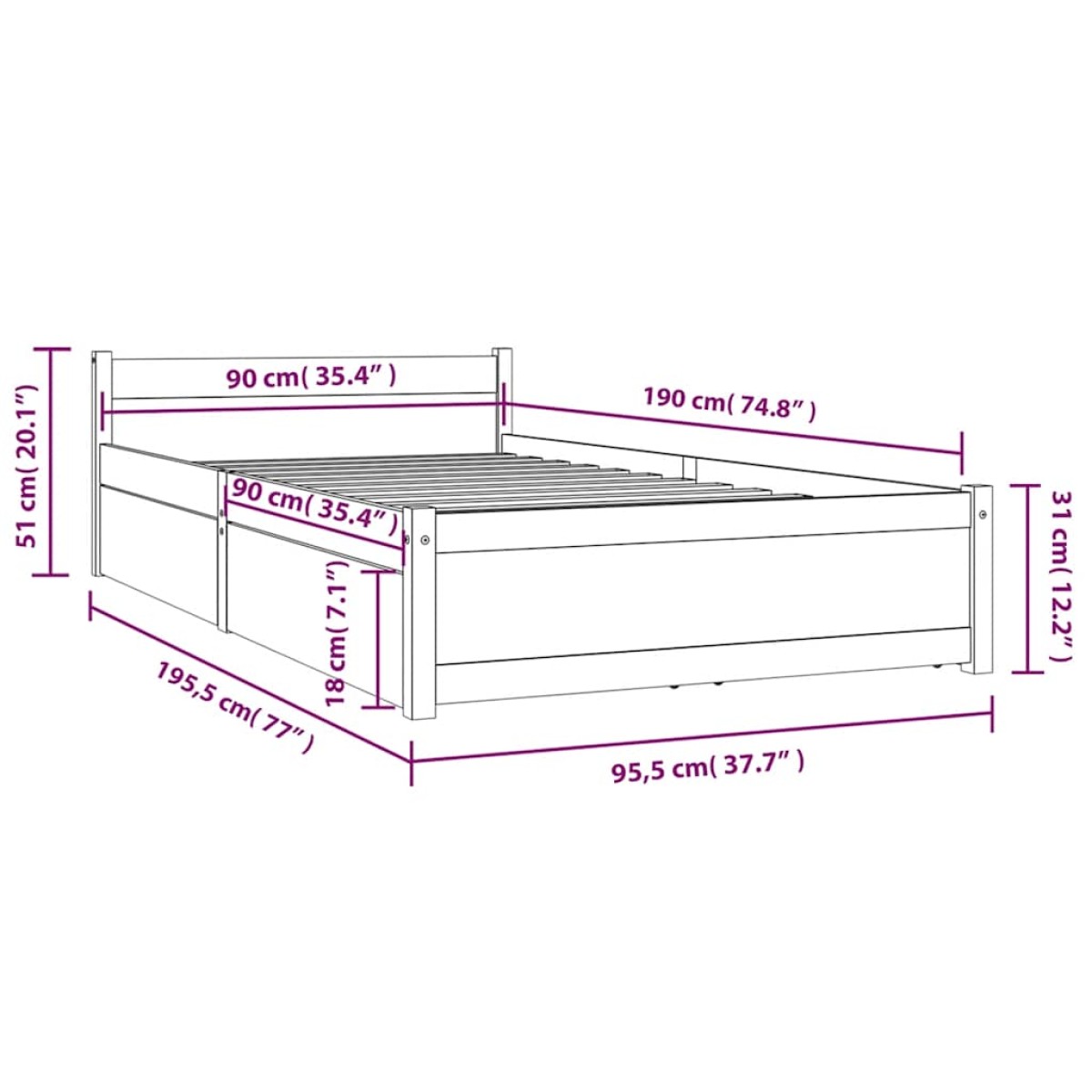 vidaXL Πλαίσιο Κρεβατιού με Συρτάρια Λευκό 90 x 190 εκ Single