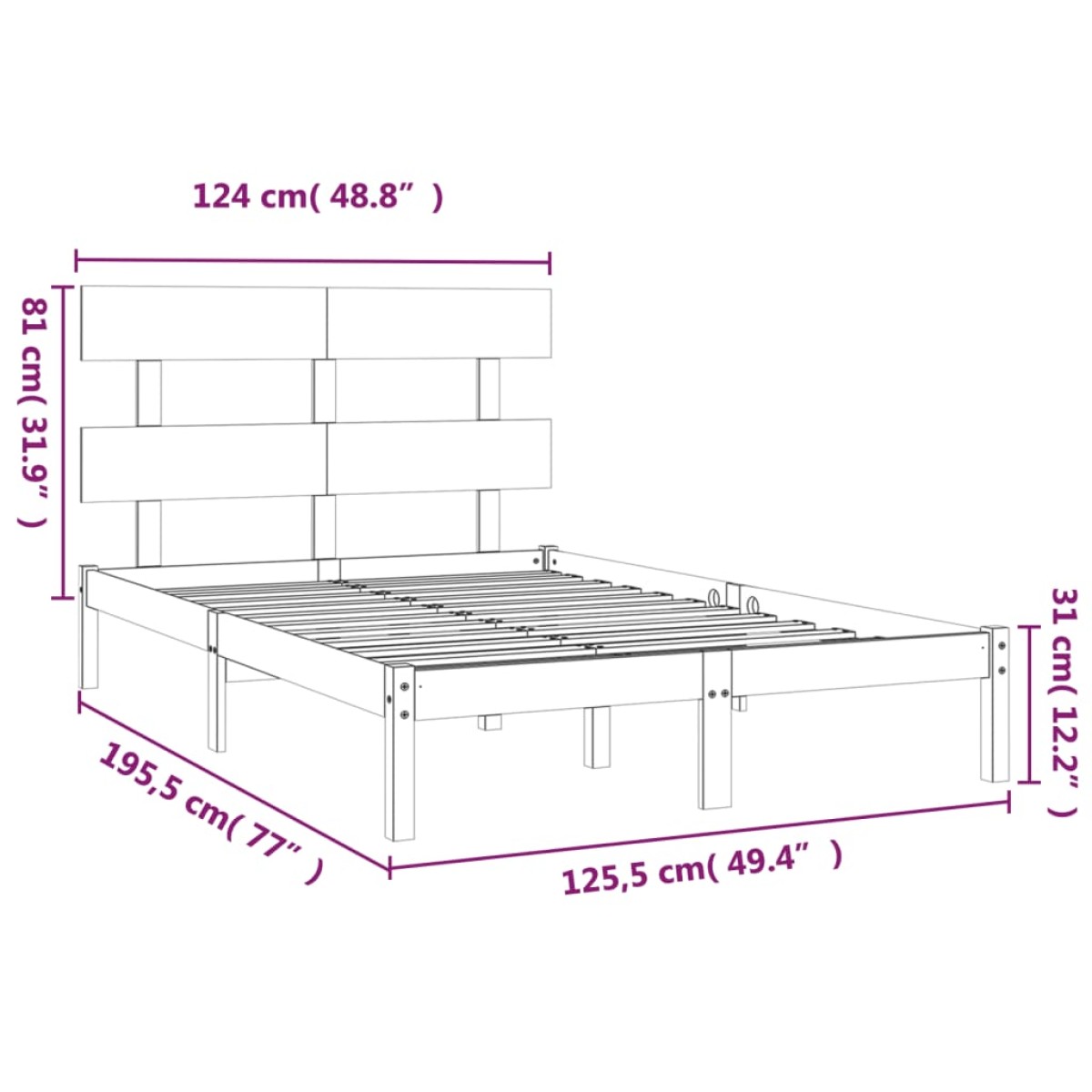 vidaXL Πλαίσιο Κρεβατιού 120 x 190 εκ. από Μασίφ Ξύλο Small Double