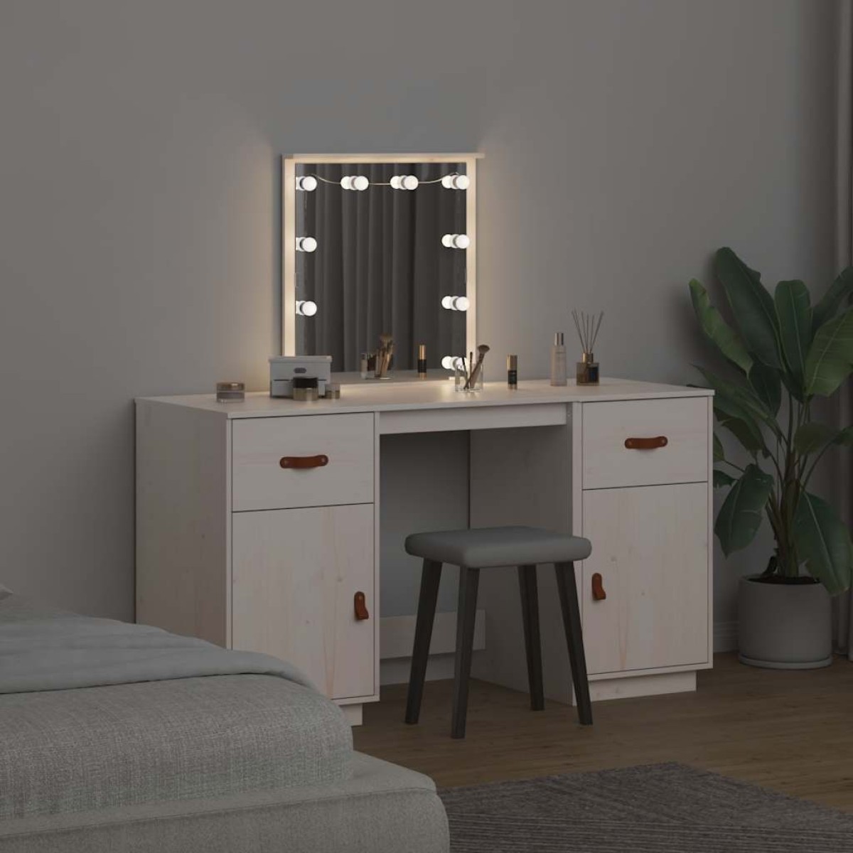 vidaXL Μπουντουάρ Σετ με LED Λευκό από Μασίφ Ξύλο Πεύκου