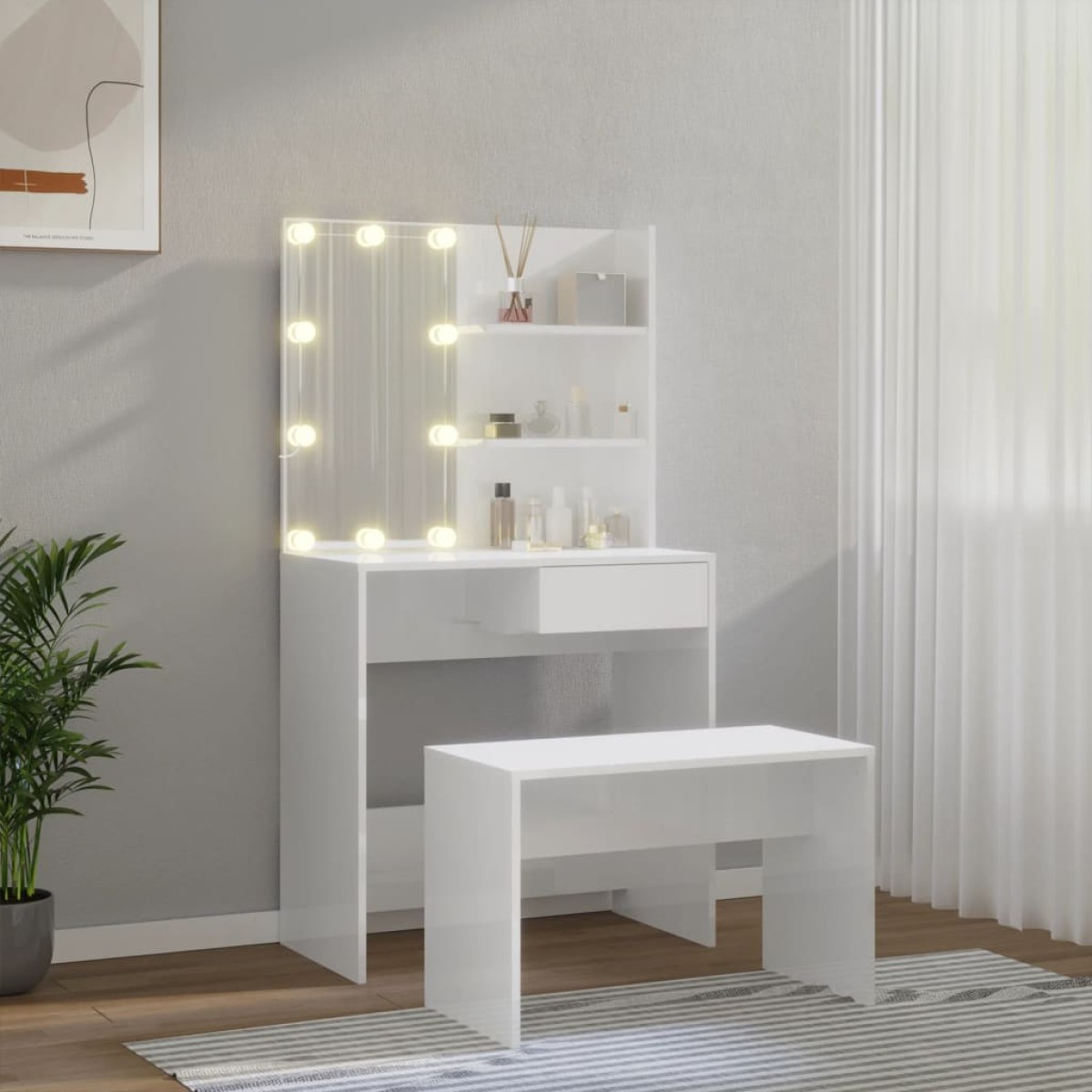 vidaXL Μπουντουάρ Σετ με LED Γυαλιστερό λευκό από Επεξεργασμένο Ξύλο