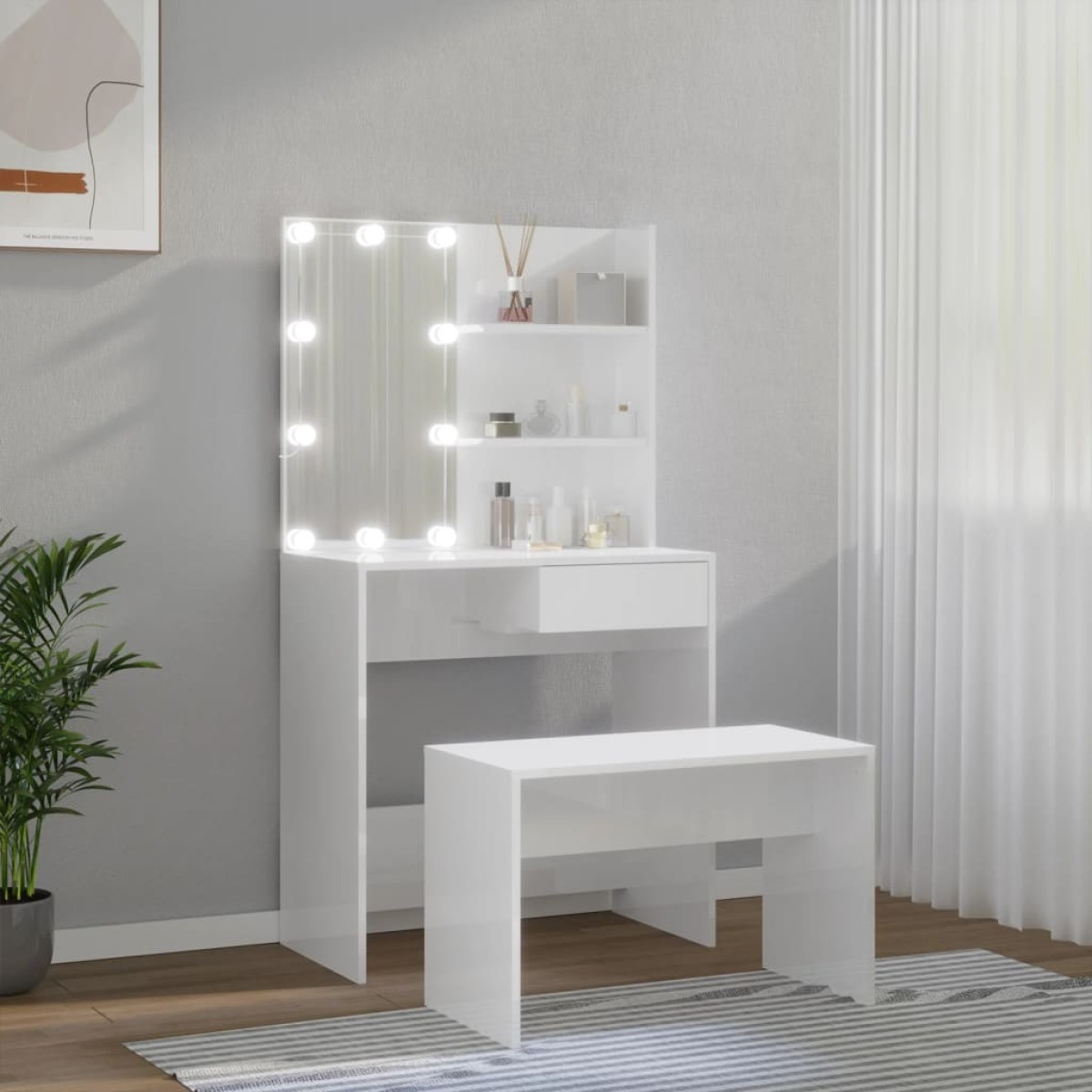 vidaXL Μπουντουάρ Σετ με LED Γυαλιστερό λευκό από Επεξεργασμένο Ξύλο