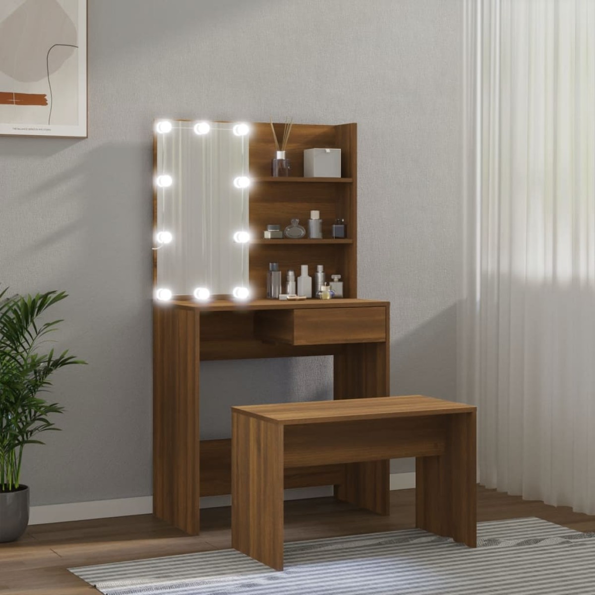vidaXL Μπουντουάρ Σετ με LED Καφέ δρυς από Επεξεργασμένο Ξύλο