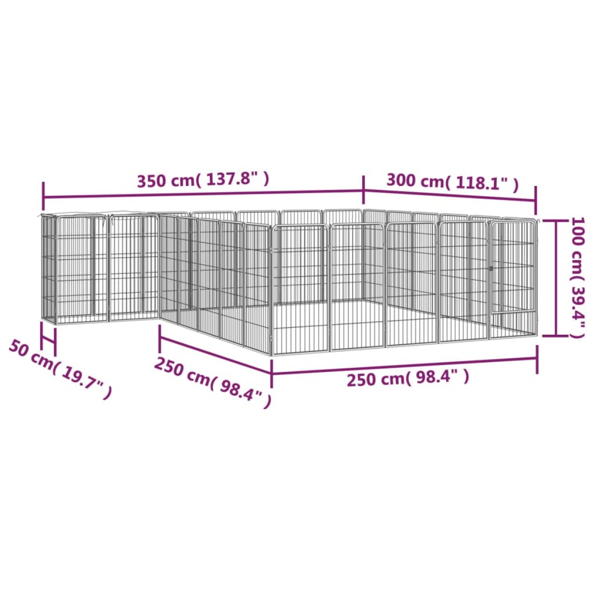 vidaXL Κλουβί Σκύλου 26 Πάνελ Μαύρο 50x100 εκ. Ατσάλι με Βαφή Πούδρας