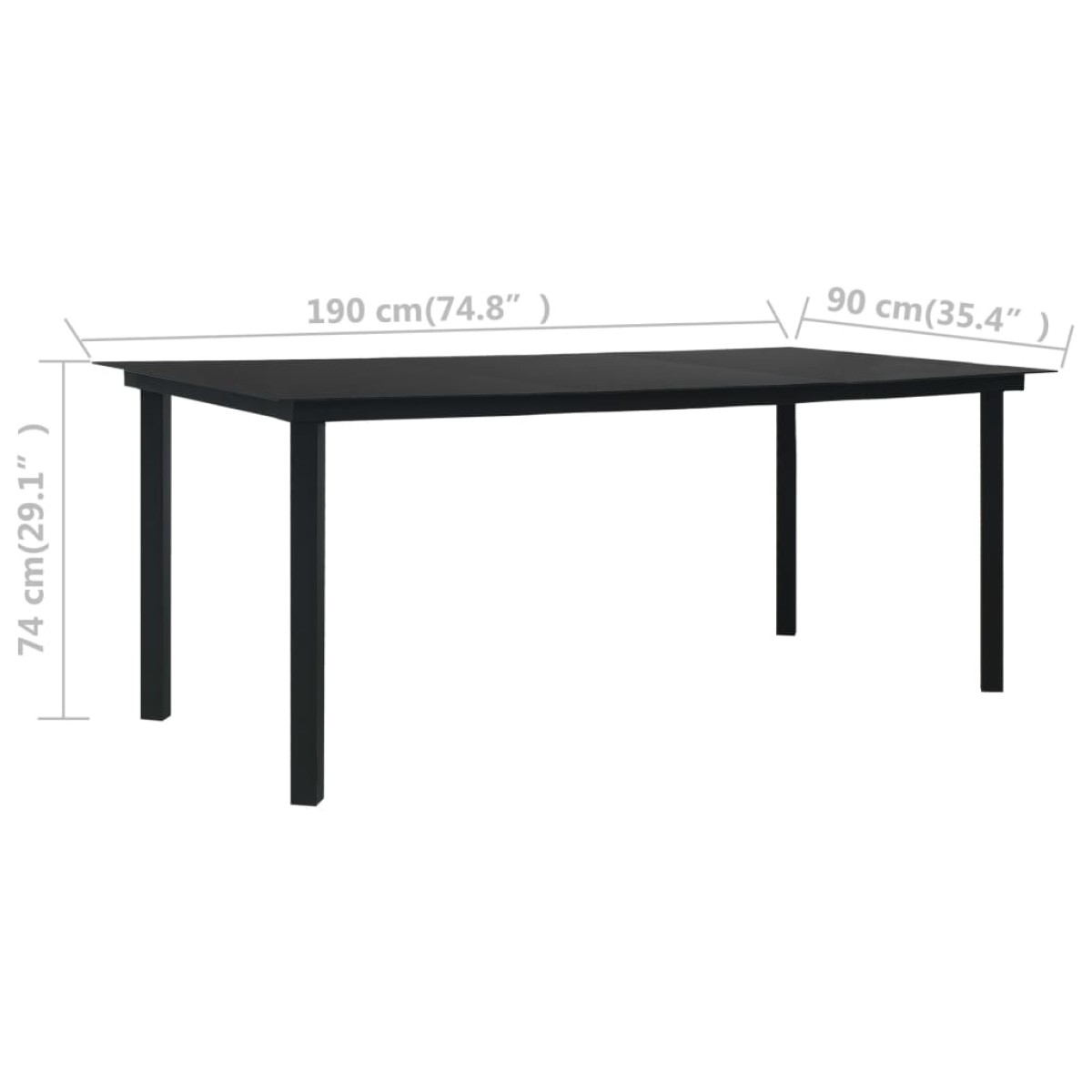 vidaXL Τραπεζαρία Κήπου Μαύρη 190 x 90 x 74 εκ. από Ατσάλι / Γυαλί