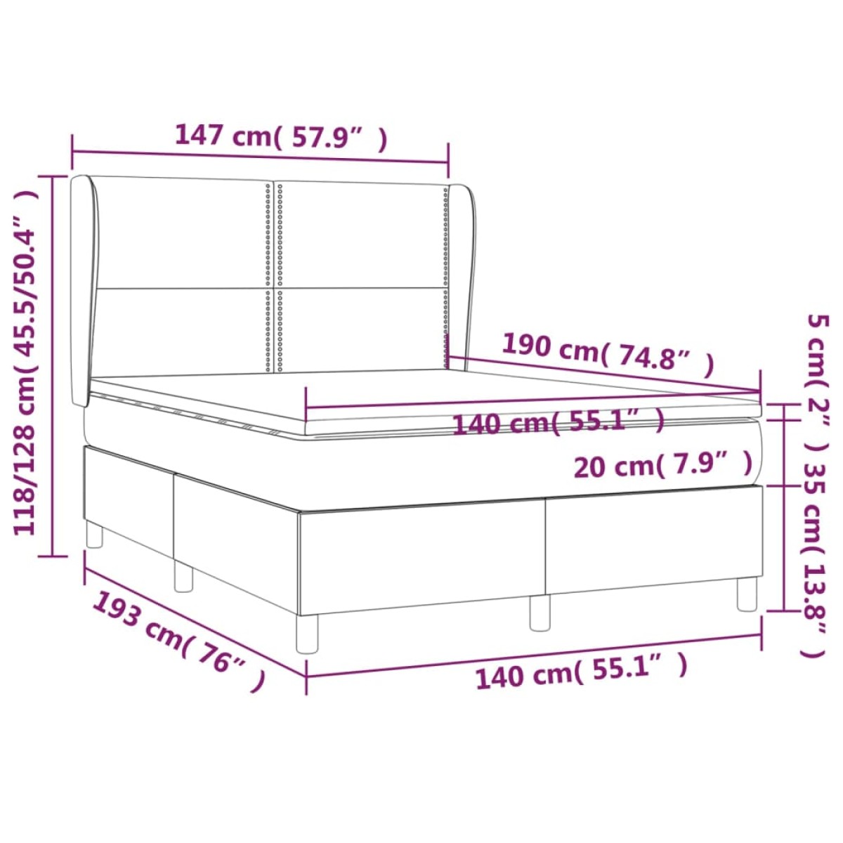 vidaXL Κρεβάτι Boxspring με Στρώμα Μπλε 140x190 εκ. Υφασμάτινο