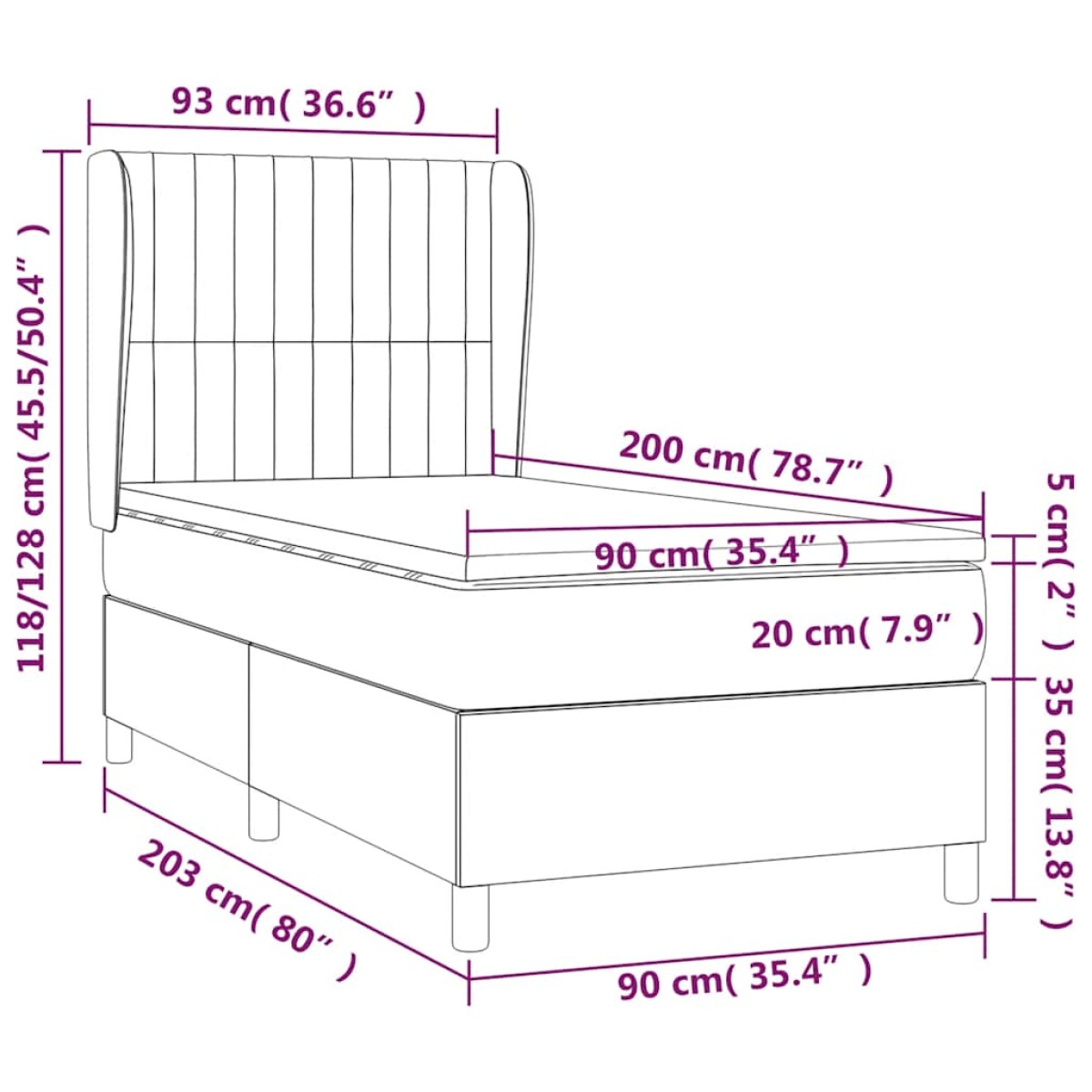 vidaXL Κρεβάτι Boxspring με Στρώμα Μαύρο 90x200 εκ. Υφασμάτινο