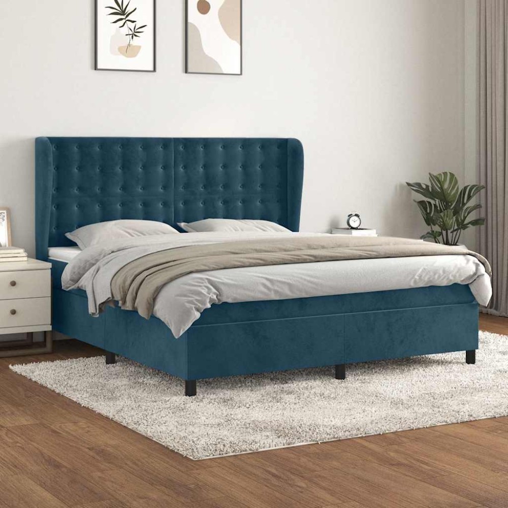 vidaXL Κρεβάτι Boxspring με Στρώμα Σκούρο Μπλε 160x200 εκ. Βελούδινο