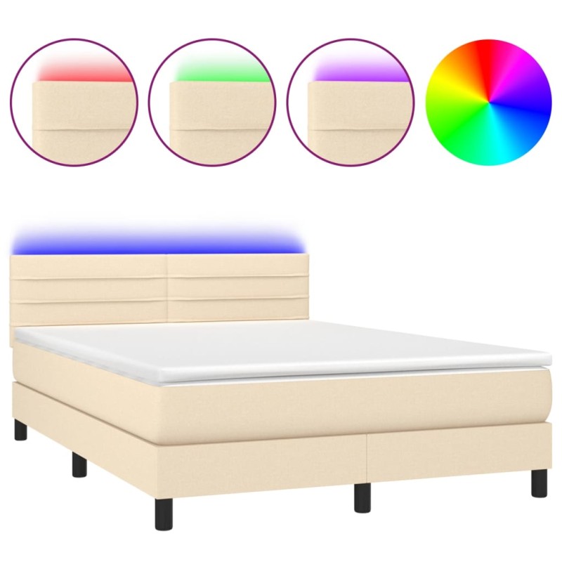 vidaXL Κρεβάτι Boxspring με Στρώμα & LED Κρεμ 140x200 εκ. Υφασμάτινο