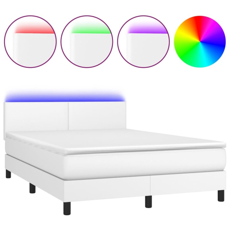 vidaXL Κρεβάτι Boxspring με Στρώμα & LED Λευκό 140x200 εκ. Συνθ. Δέρμα