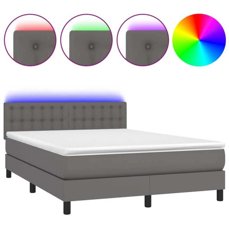 vidaXL Κρεβάτι Boxspring με Στρώμα & LED Γκρι 140x200 εκ. Συνθ. Δέρμα