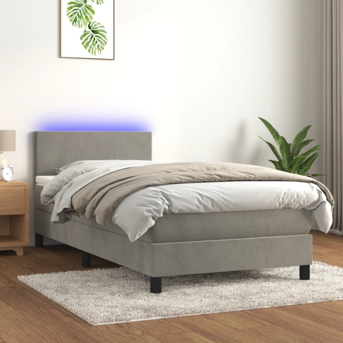 vidaXL Κρεβάτι Boxspring με Στρώμα & LED Αν.Γκρι 90x190 εκ. Βελούδινο
