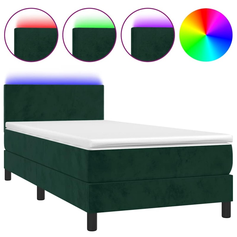 vidaXL Κρεβάτι Boxspring με Στρώμα & LED Σκ. Πράσινο 100x200εκ Βελούδο