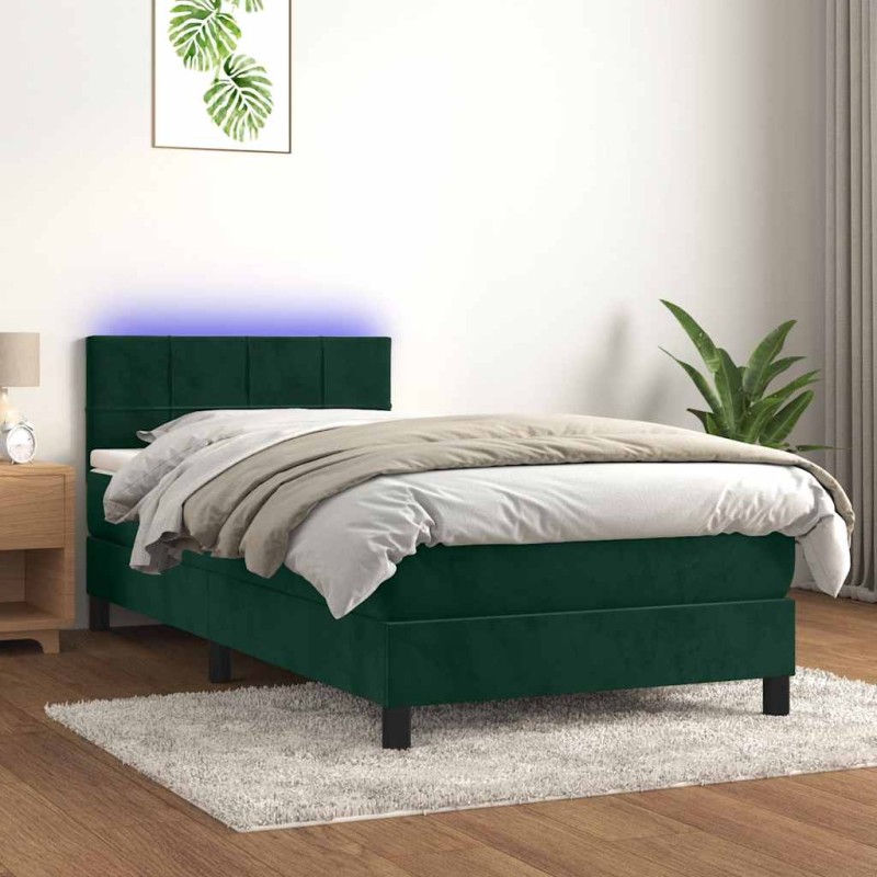vidaXL Κρεβάτι Boxspring με Στρώμα & LED Σκ. Πράσινο 90x200 εκ Βελούδο