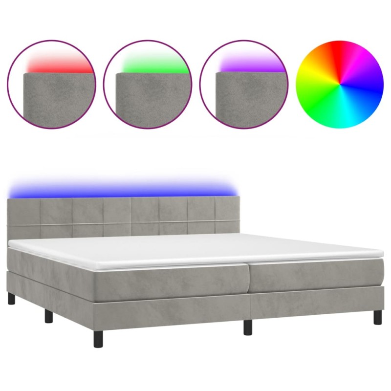 vidaXL Κρεβάτι Boxspring με Στρώμα & LED Αν.Γκρι 200x200 εκ. Βελούδινο