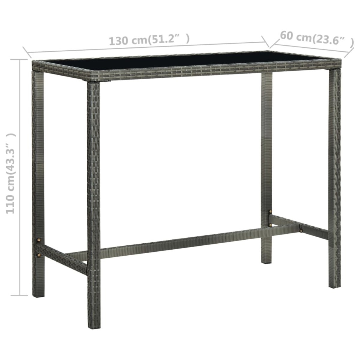 vidaXL Τραπέζι Μπαρ Κήπου Γκρι 130x60x110 εκ. Συνθετικό Ρατάν/Γυαλί