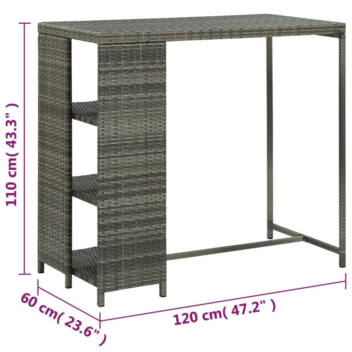 vidaXL Τραπέζι Μπαρ με Ράφια Γκρι 120x60x110 εκ. από Συνθετικό Ρατάν
