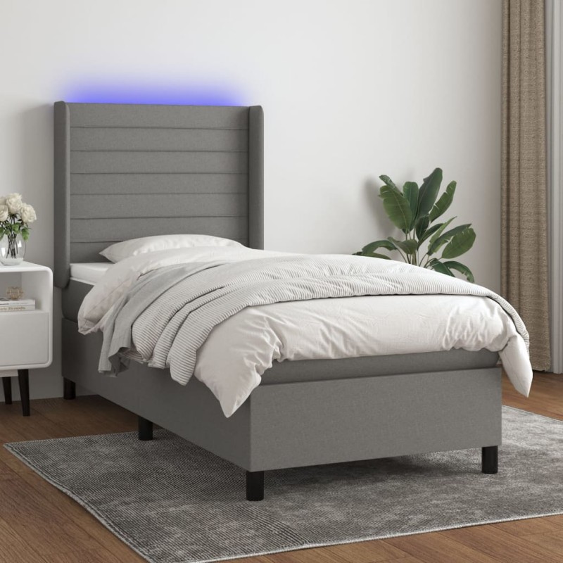 vidaXL Κρεβάτι Boxspring με Στρώμα & LED Σκ.Γκρι 100x200 εκ Υφασμάτινο