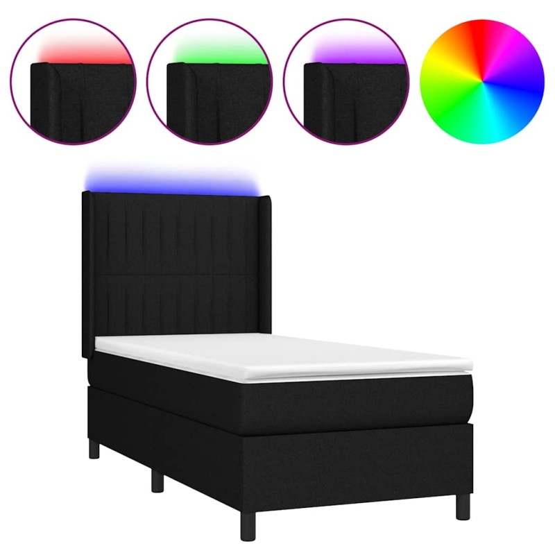 vidaXL Κρεβάτι Boxspring με Στρώμα & LED Μαύρο 90x200 εκ. Υφασμάτινο