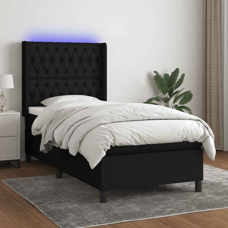 vidaXL Κρεβάτι Boxspring με Στρώμα & LED Μαύρο 90x190 εκ. Υφασμάτινο