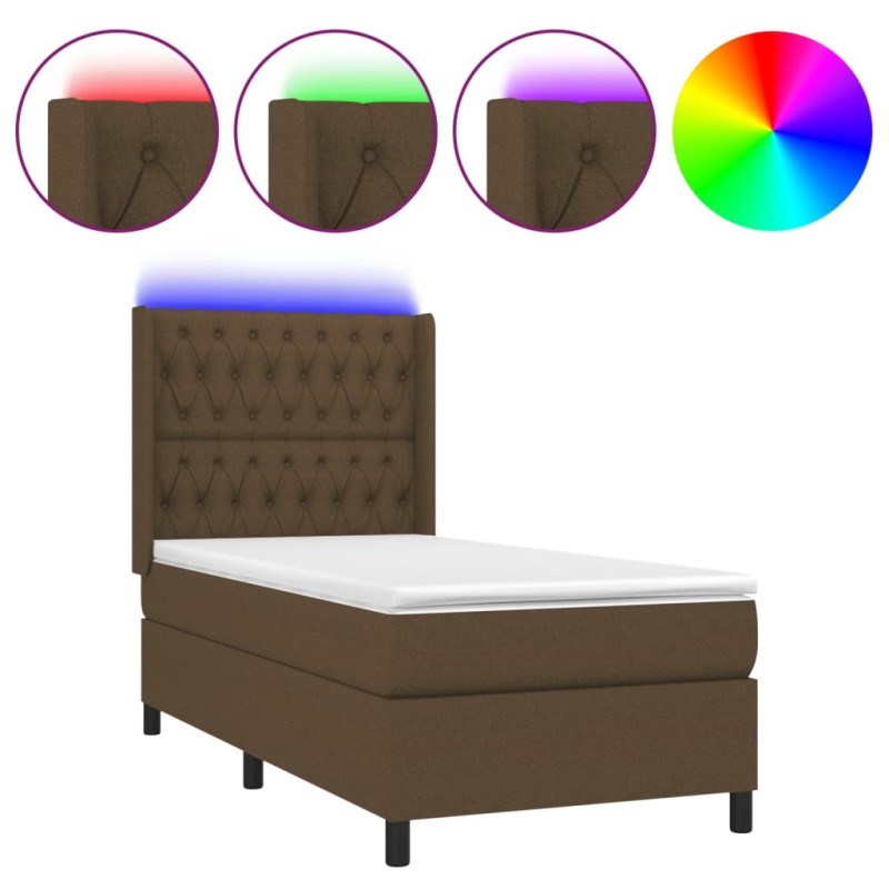 vidaXL Κρεβάτι Boxspring με Στρώμα & LED Σκ.Καφέ 100x200 εκ Υφασμάτινο