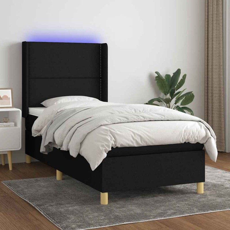 vidaXL Κρεβάτι Boxspring με Στρώμα & LED Μαύρο 100x200 εκ. Υφασμάτινο
