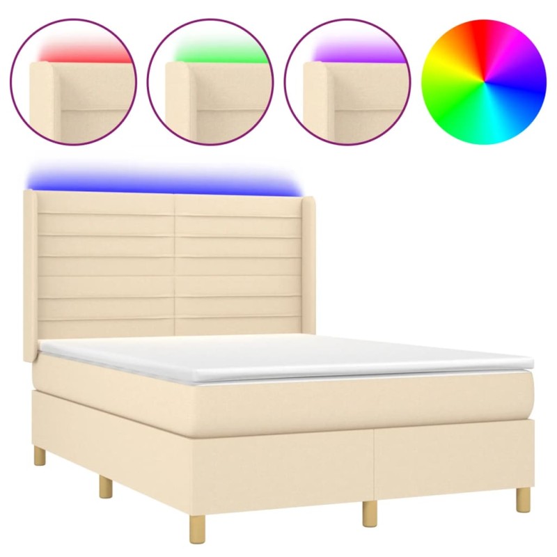 vidaXL Κρεβάτι Boxspring με Στρώμα & LED Κρεμ 140x200 εκ. Υφασμάτινο