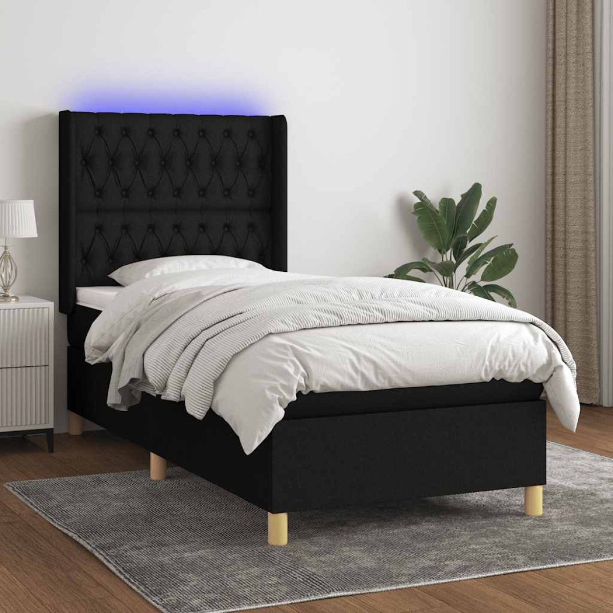 vidaXL Κρεβάτι Boxspring με Στρώμα & LED Μαύρο 90x200 εκ. Υφασμάτινο