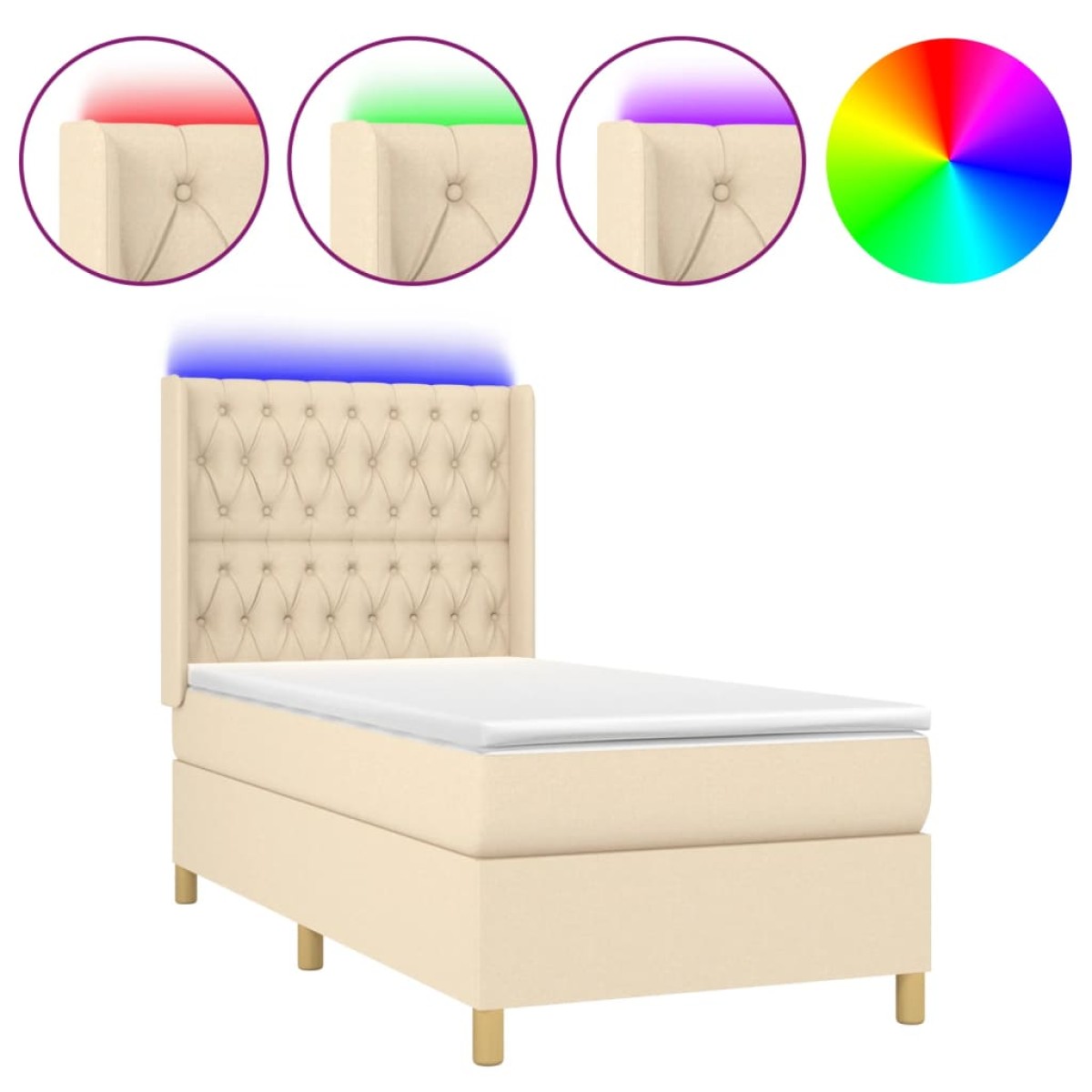 vidaXL Κρεβάτι Boxspring με Στρώμα & LED Κρεμ 90x200 εκ. Υφασμάτινο