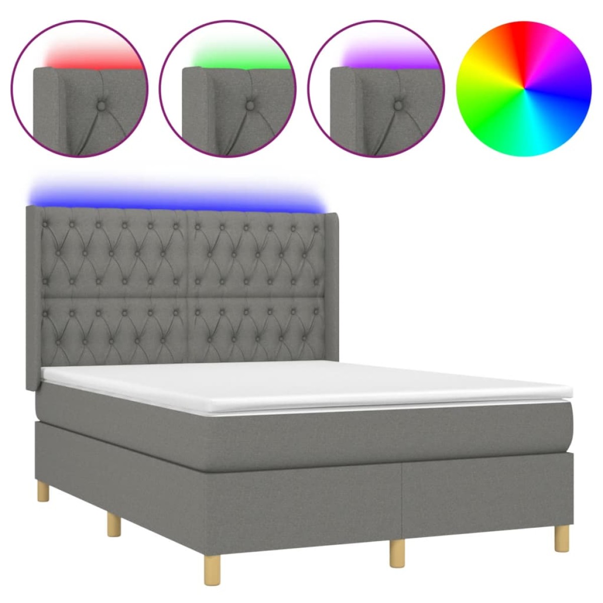vidaXL Κρεβάτι Boxspring με Στρώμα & LED Σκ.Γκρι 140x200 εκ Υφασμάτινο