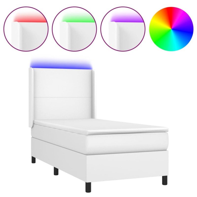 vidaXL Κρεβάτι Boxspring με Στρώμα & LED Λευκό 90x190 εκ. Συνθ. Δέρμα