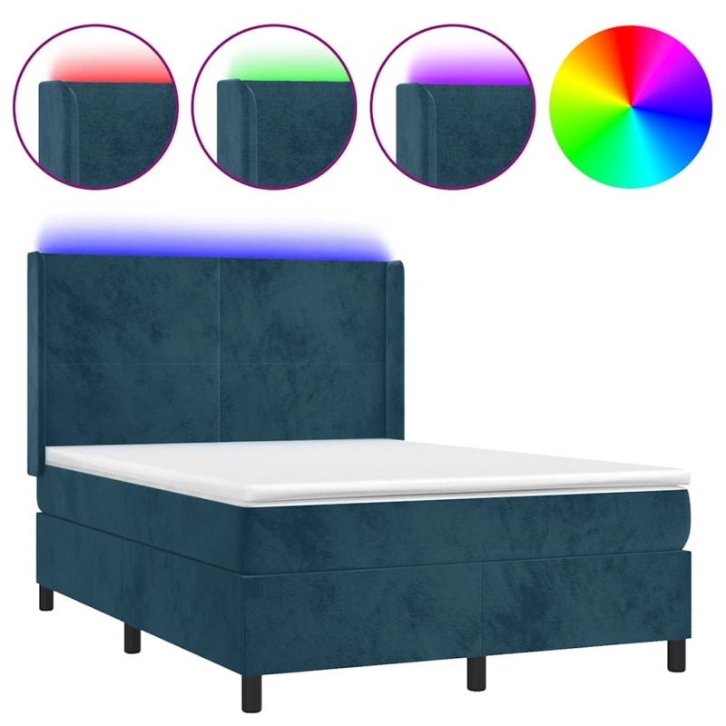 vidaXL Κρεβάτι Boxspring με Στρώμα & LED Σκ. Μπλε 140x200εκ. Βελούδινο