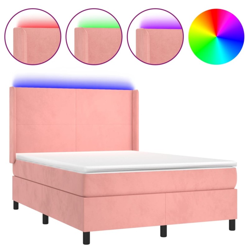 vidaXL Κρεβάτι Boxspring με Στρώμα & LED Ροζ 140x200 εκ. Βελούδινο