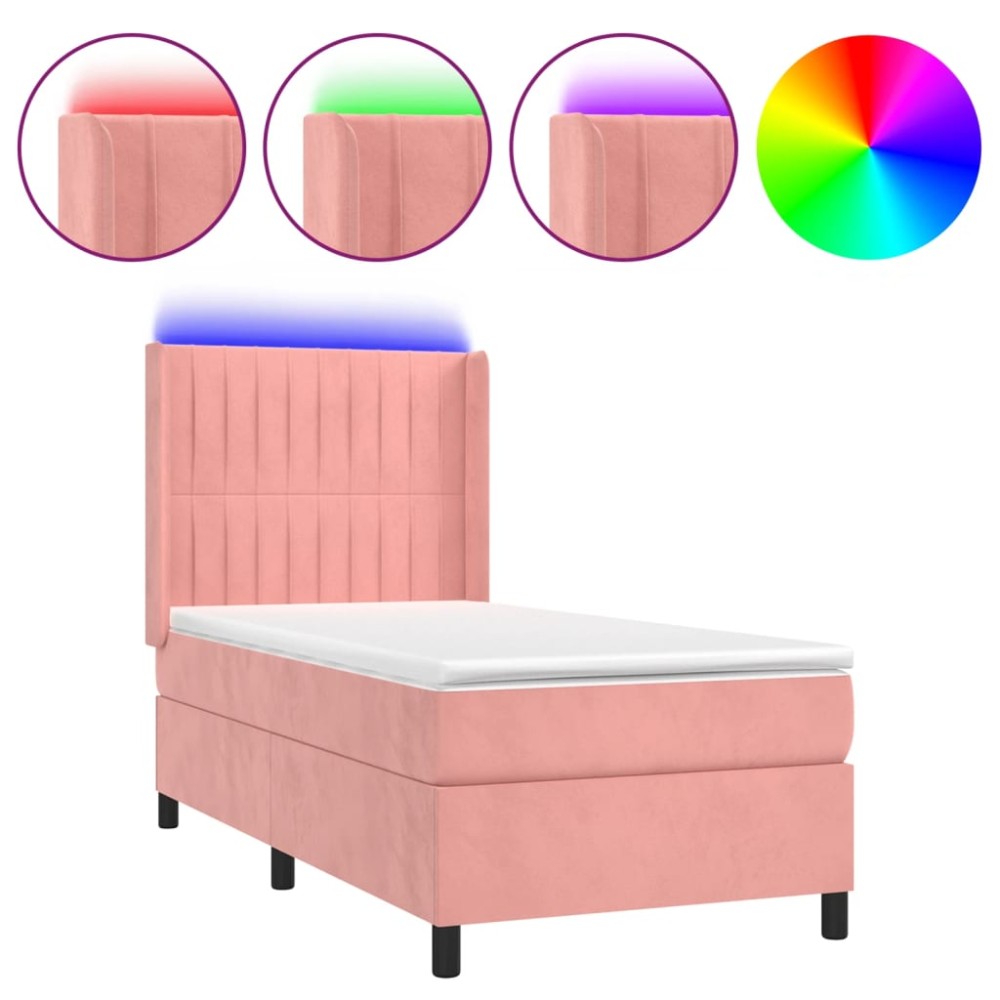 vidaXL Κρεβάτι Boxspring με Στρώμα & LED Ροζ 90x190 εκ. Βελούδινο