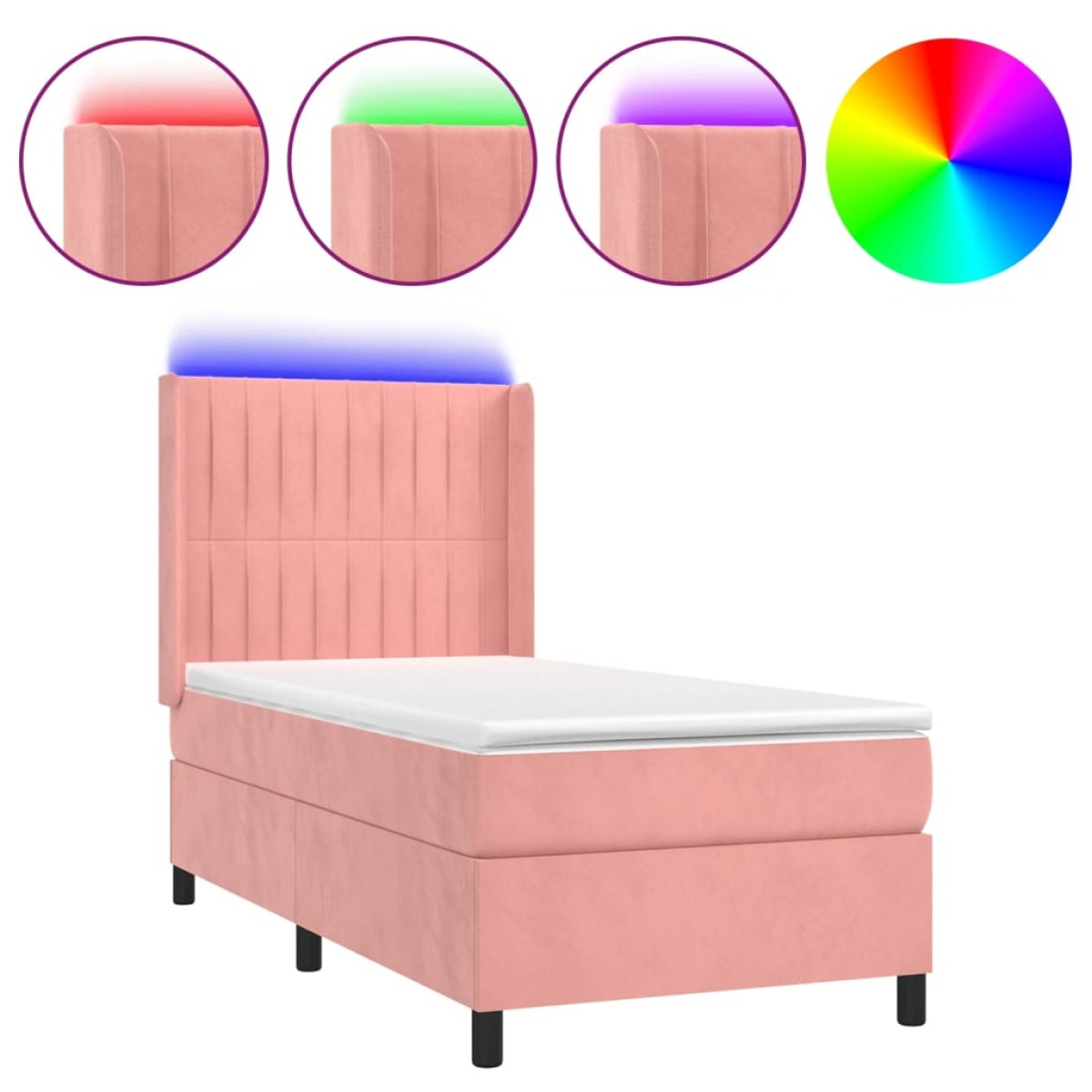 vidaXL Κρεβάτι Boxspring με Στρώμα & LED Ροζ 90x190 εκ. Βελούδινο