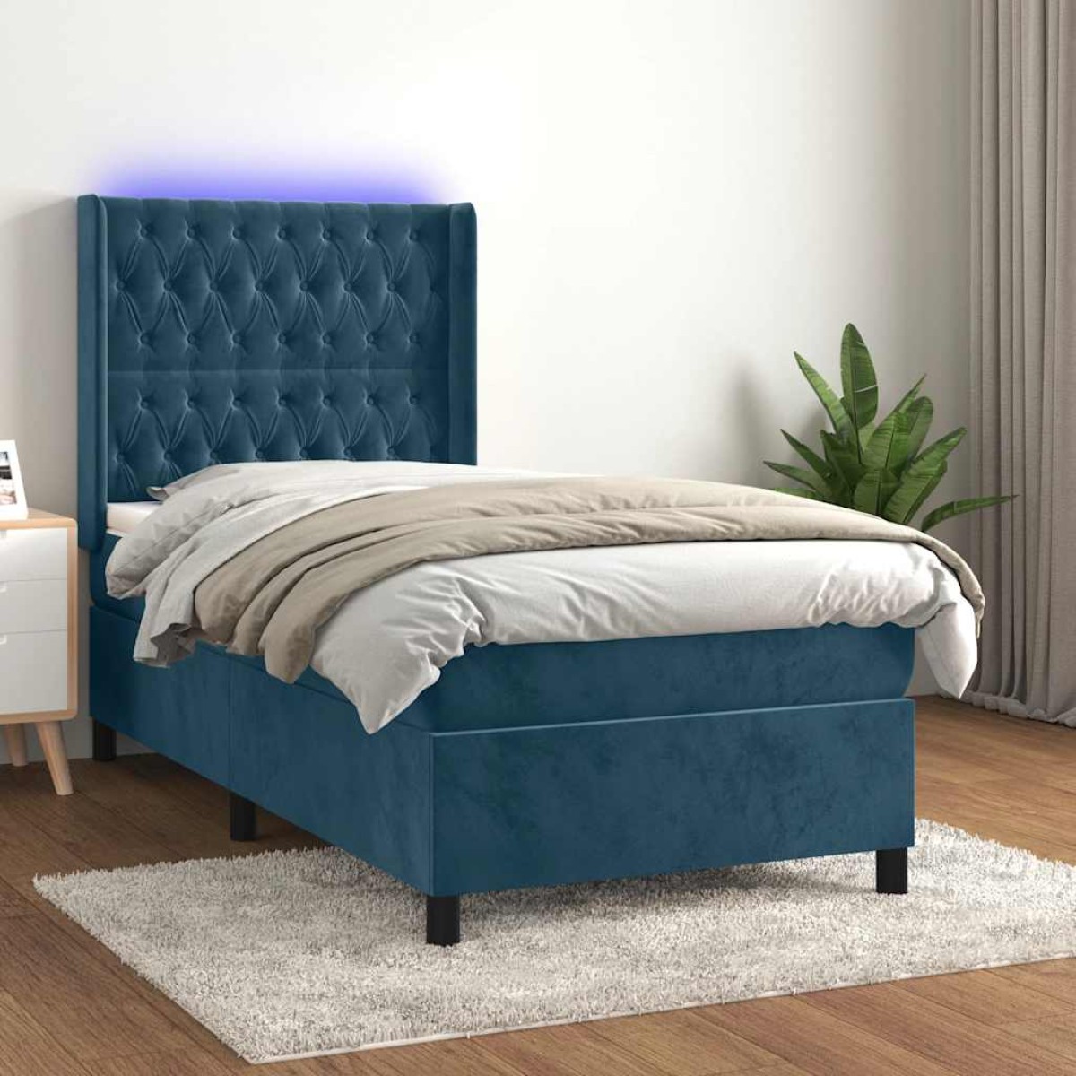 vidaXL Κρεβάτι Boxspring με Στρώμα & LED Σκ. Μπλε 100x200εκ. Βελούδινο