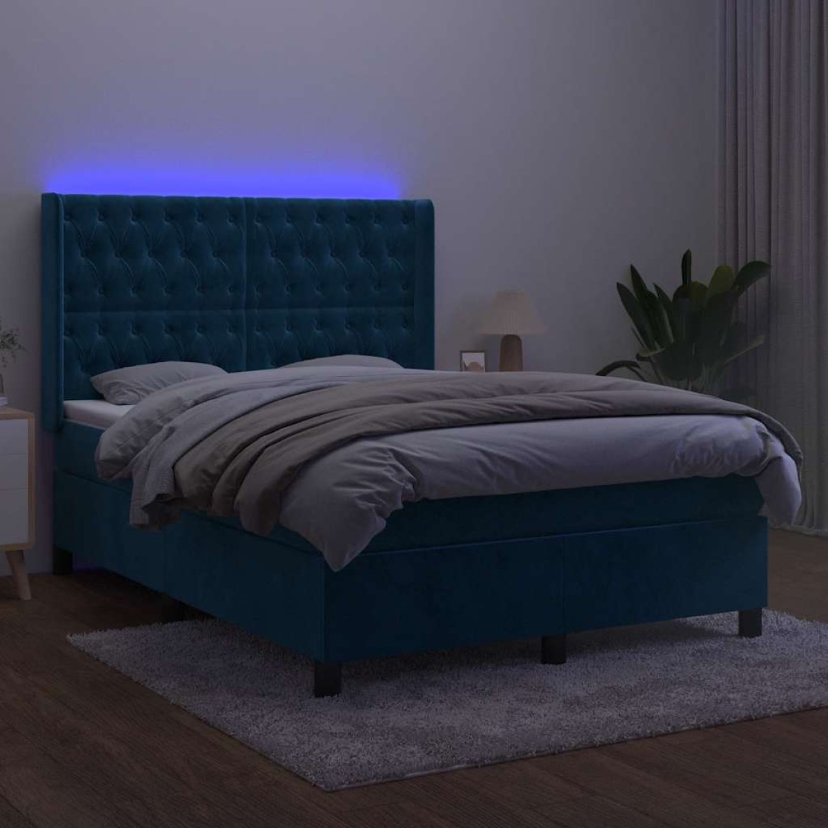 vidaXL Κρεβάτι Boxspring με Στρώμα & LED Σκ. Μπλε 140x200εκ. Βελούδινο