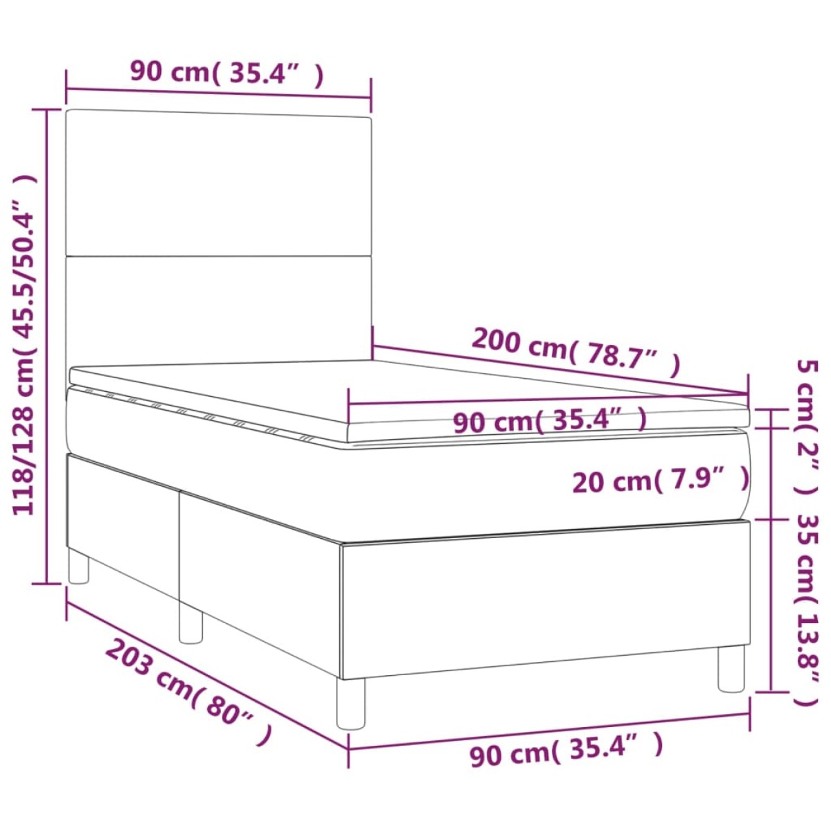 vidaXL Κρεβάτι Boxspring με Στρώμα Σκούρο Γκρι 90x200 εκ. Υφασμάτινο