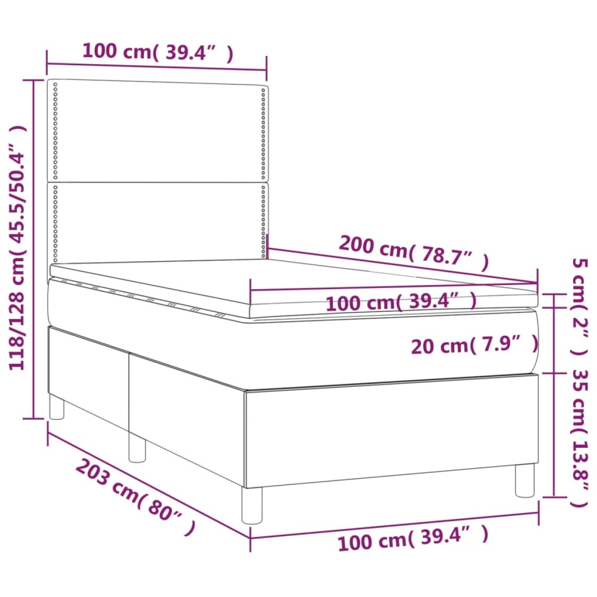 vidaXL Κρεβάτι Boxspring με Στρώμα Σκούρο Καφέ 100x200 εκ. Υφασμάτινο