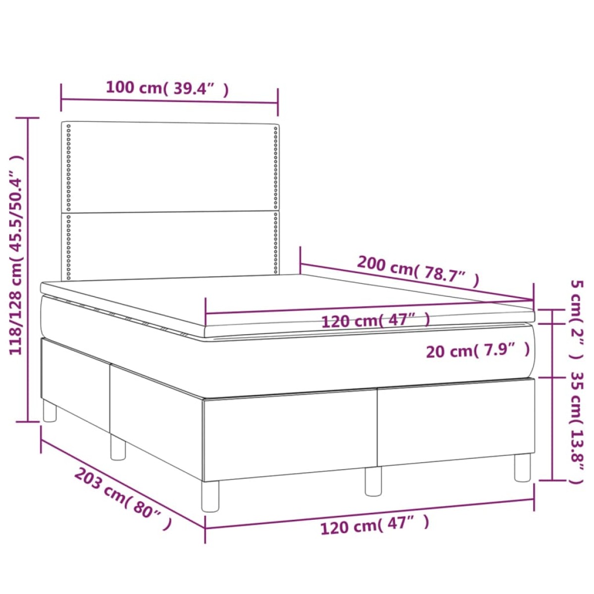 vidaXL Κρεβάτι Boxspring με Στρώμα Σκούρο Γκρι 120x200 εκ. Υφασμάτινο