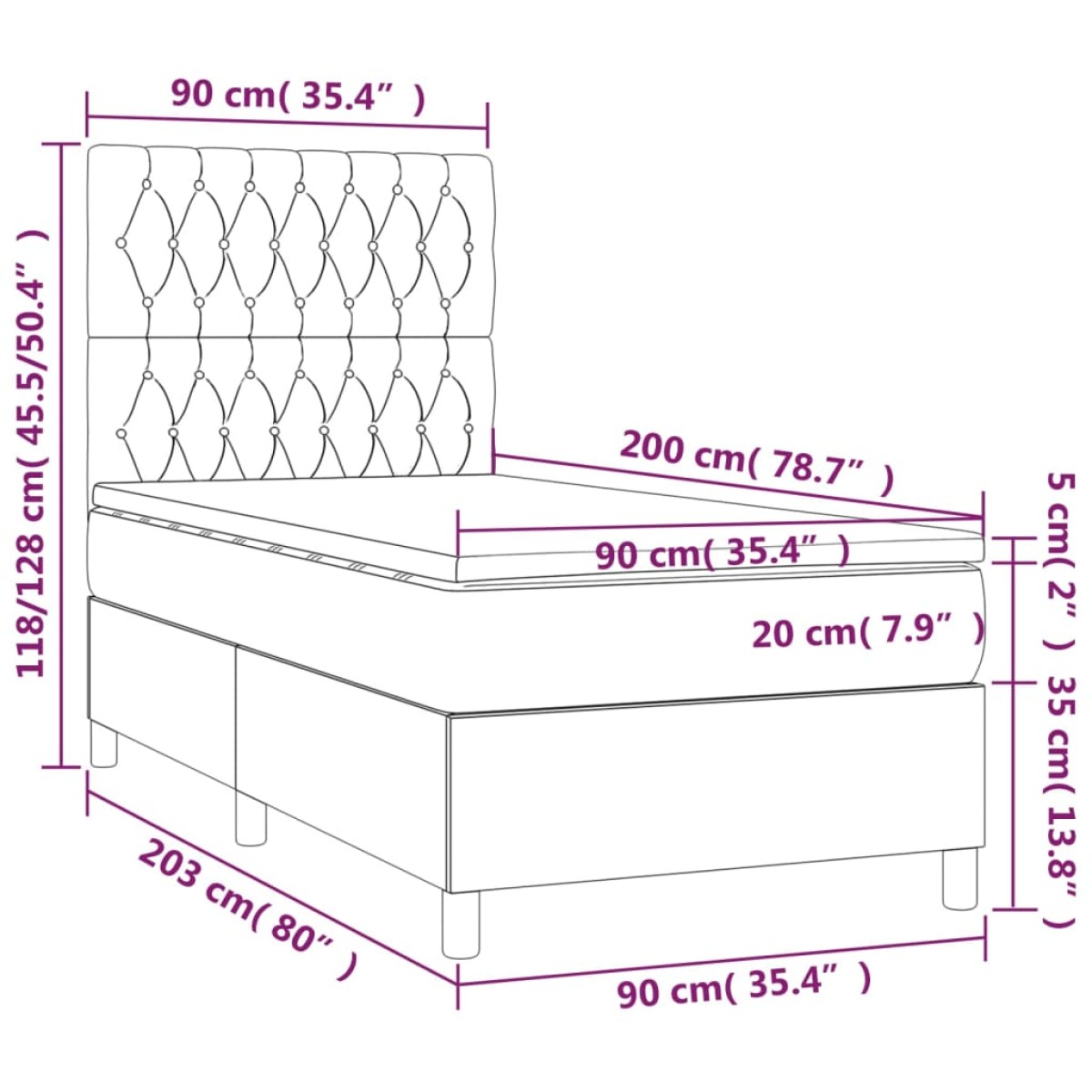 vidaXL Κρεβάτι Boxspring με Στρώμα Μπλε 90x200 εκ.Υφασμάτινο