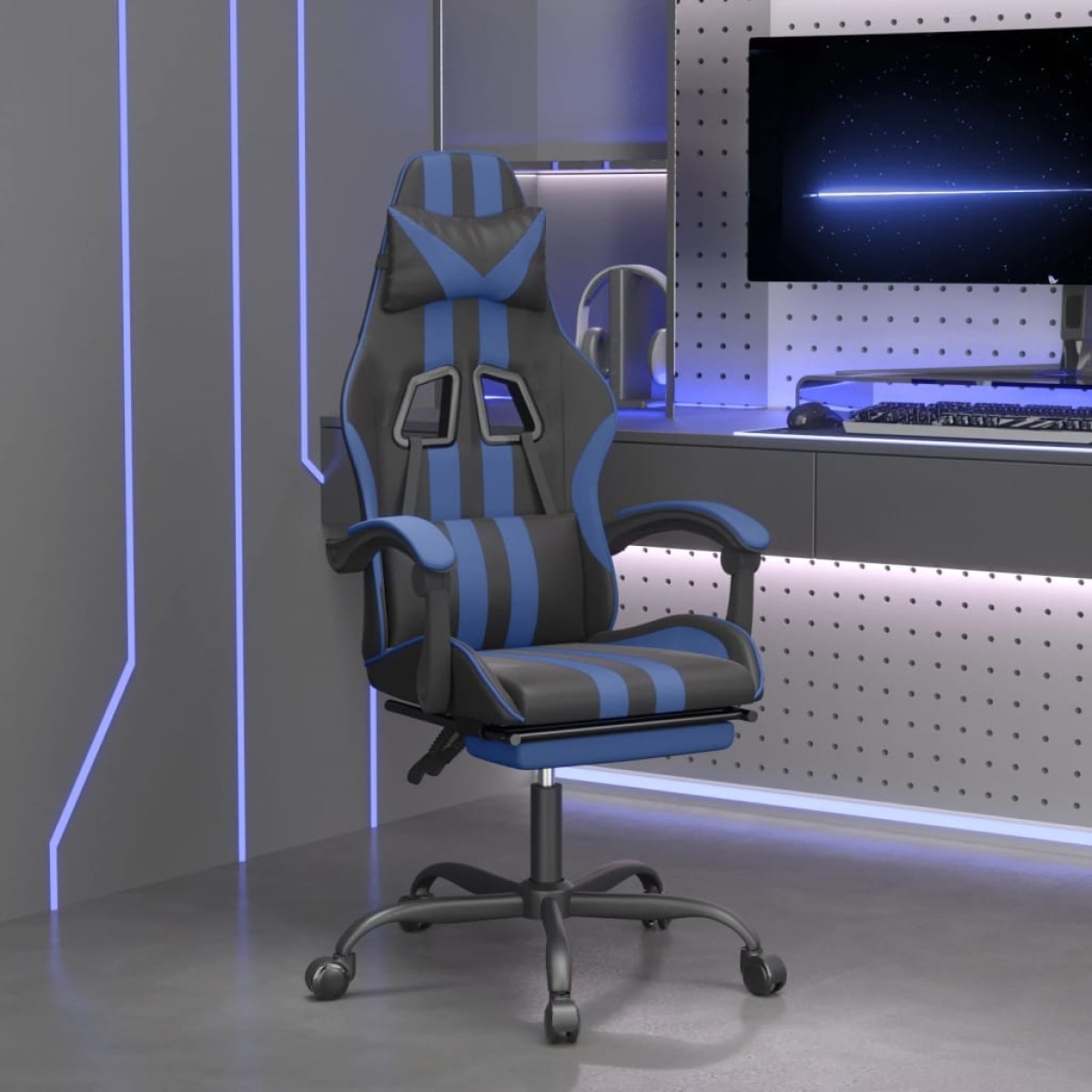 vidaXL Καρέκλα Gaming Μασάζ Υποπόδιο Μαύρο/μπλε από Συνθετικό Δέρμα