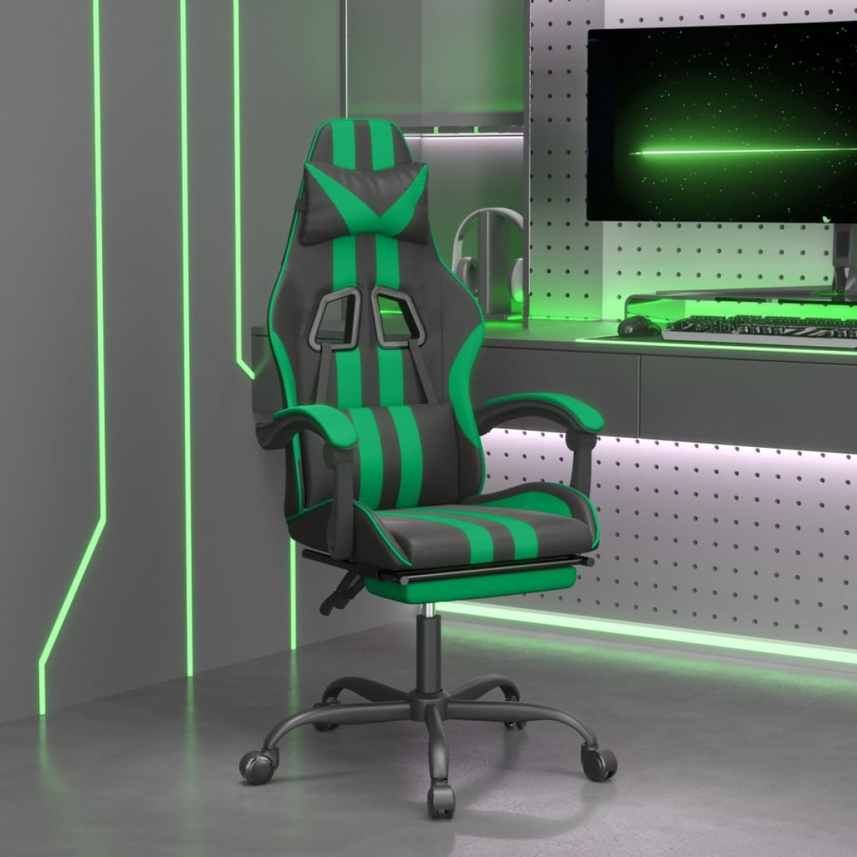 vidaXL Καρέκλα Gaming Μασάζ Υποπόδιο Μαύρο/Πράσινο από Συνθετικό Δέρμα