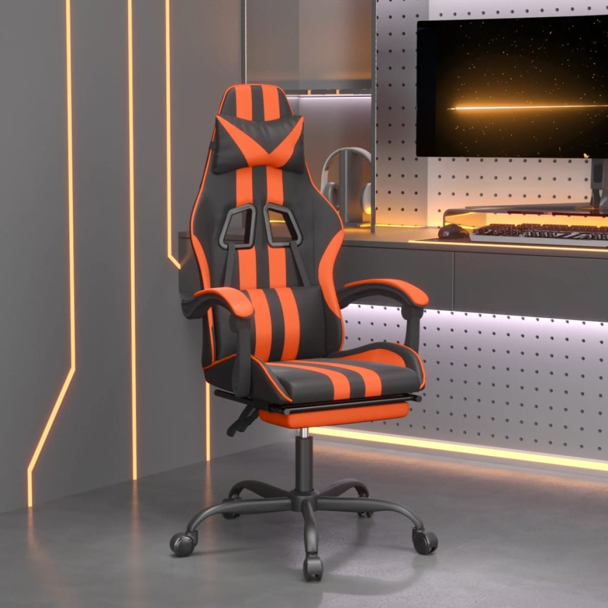 vidaXL Καρέκλα Gaming Μασάζ Υποπόδιο Μαύρο/Πορτοκαλί Συνθετικό Δέρμα