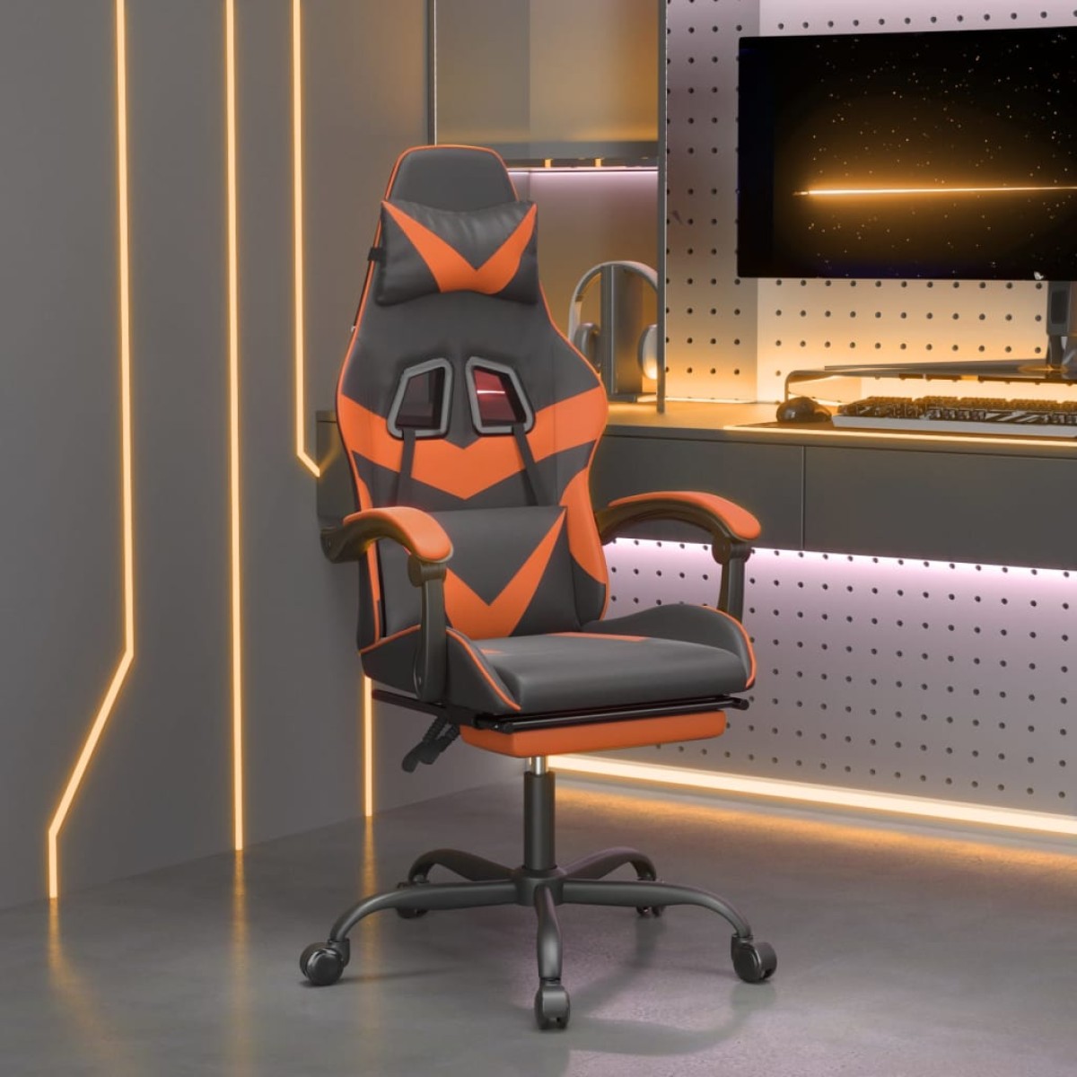 vidaXL Καρέκλα Gaming Μασάζ Υποπόδιο Μαύρο/Πορτοκαλί Συνθετικό Δέρμα