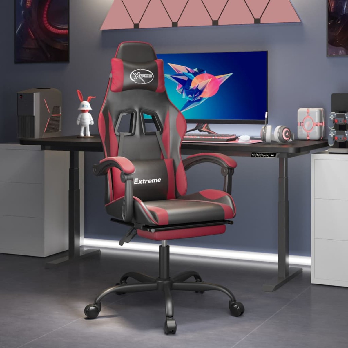 vidaXL Καρέκλα Gaming Μασάζ Υποπόδιο Μαύρο/Μπορντό από Συνθετικό Δέρμα